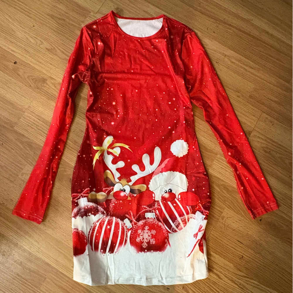 Red Holiday Mini Dress with Reindeer Design